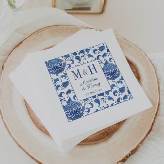 Serviette En Papier Chinoiserie bleu et blanc Monogramme Mariage