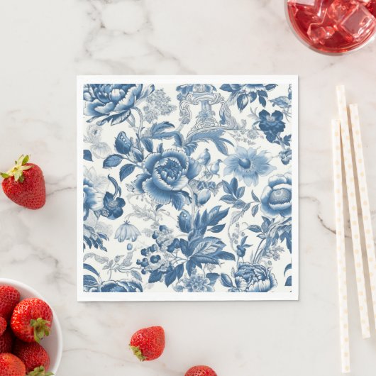 Serviette En Papier Chinoiserie Bleu et Blancs Fleurs florales (En situation)