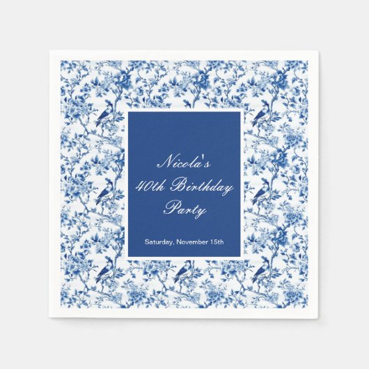 Serviette En Papier Chinoiserie Blue Birds and Flowers Anniversaire (Devant)