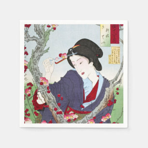 Serviette En Papier Chinoiserie Dame japonaise et fleur de cerisier ro