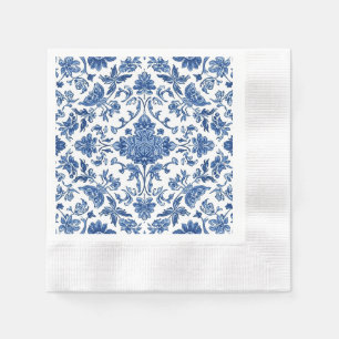 Serviette En Papier Chinoiserie Florale Bleue Aquarelle Blanche