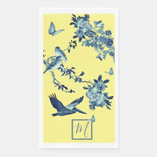 Serviette En Papier Chinoiserie jaune bleu Floral Élégant Monogramme (Devant)