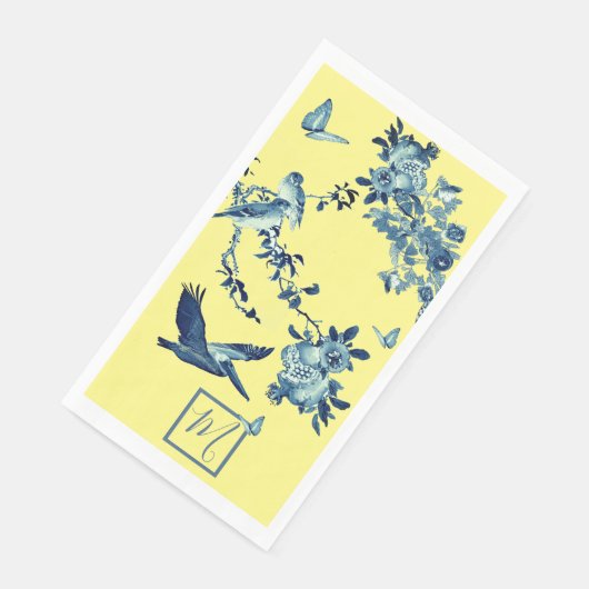 Serviette En Papier Chinoiserie jaune bleu Floral Élégant Monogramme (Coin)