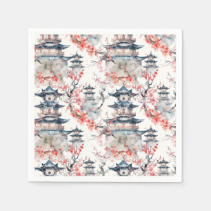 Serviette En Papier Chinoiserie Pagode Bleue Fleur Rose Florale