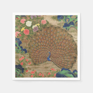 Serviette En Papier Chinoiserie Paon Bleu avec Jardin de Fleurs Exotiq