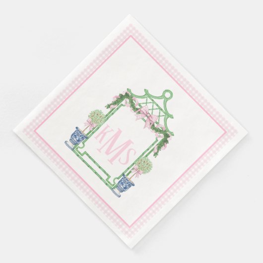 Serviette En Papier Chinoiserie rose preppy Pagode Monogramme (Coin)