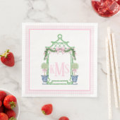Serviette En Papier Chinoiserie rose preppy Pagode Monogramme (En situation)