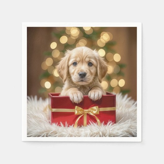 Serviette En Papier Chiot d'or rétriever dans la boîte de Noël (Devant)