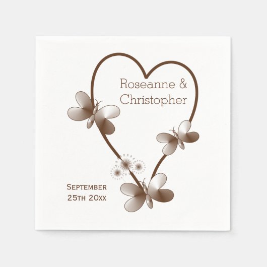 Serviette En Papier Chocolat Coeur Et Papillons Design Mariage (Devant)