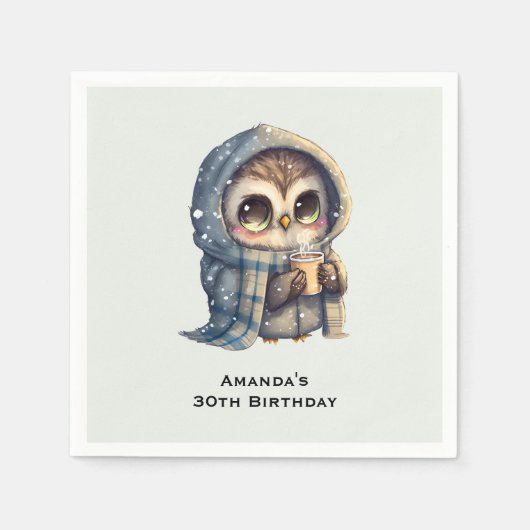 Serviette En Papier Chouette à gros yeux mignonne tenant un café Anniv (Devant)