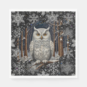Serviette En Papier Chouette blanche élégante de Noël, forêt hivernale