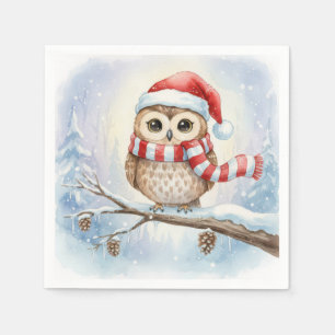 Serviette En Papier Chouette de Noël à l'aquarelle avec un chapeau de
