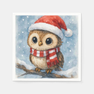Serviette En Papier Chouette de Noël à l'aquarelle dans des flocons de