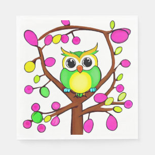 Serviette En Papier Chouette joyeuse dans un arbre multicolore
