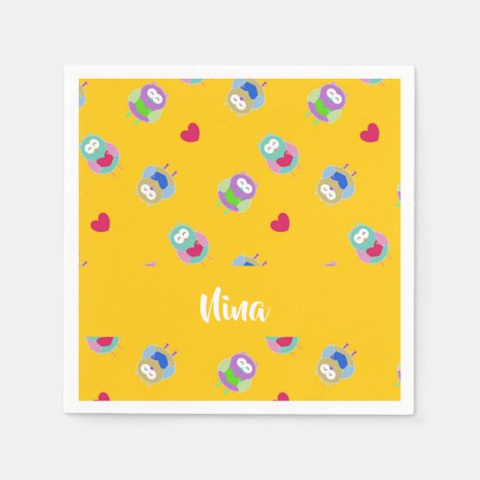 Serviette En Papier Chouettes avec coeur sur orange (Devant)