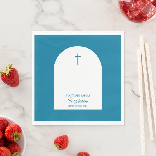 Serviette En Papier Christian Baptême Christening Boy Blue Arch (En situation)