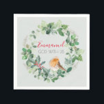 Serviette En Papier Christian Christmas Wreath Winter Robin<br><div class="desc">Une belle couronne de noël aquarelle avec feuillage vert et saint,  et un robin d'hiver. Avec les mots Emmanuel,  Dieu avec nous. Arrière - plan vert Sage.</div>