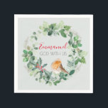 Serviette En Papier Christian Christmas Wreath Winter Robin<br><div class="desc">Une belle couronne de noël aquarelle avec feuillage vert et saint,  et un robin d'hiver. Avec les mots Emmanuel,  Dieu avec nous. Arrière - plan vert Sage.</div>