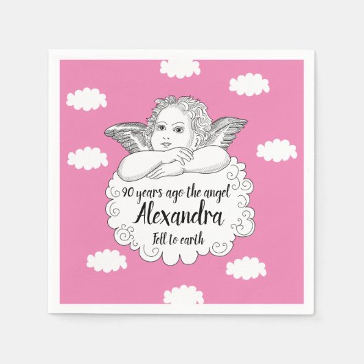 Serviette En Papier Christian Cloud Angel Joyeux 90e anniversaire rose (Devant)