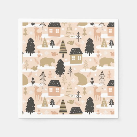 Serviette En Papier Christmas Bear Village Rose Black Gold (Devant)