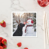 Serviette En Papier Christmas Black Labrador Retriever with Snowman (En situation)