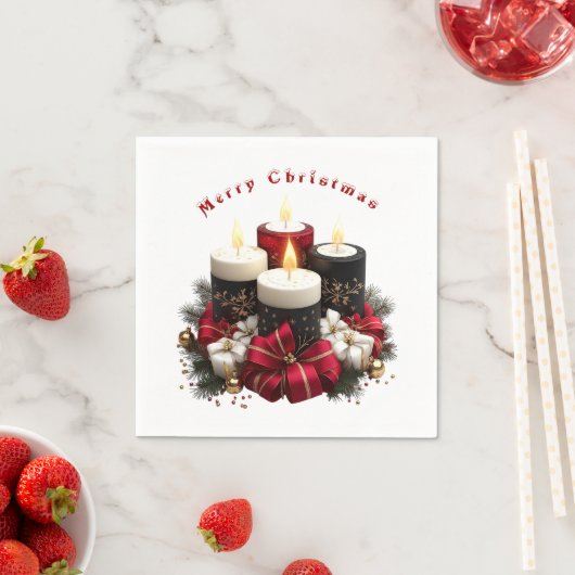 Serviette En Papier Christmas Candles Red White Satin Ribbon (En situation)