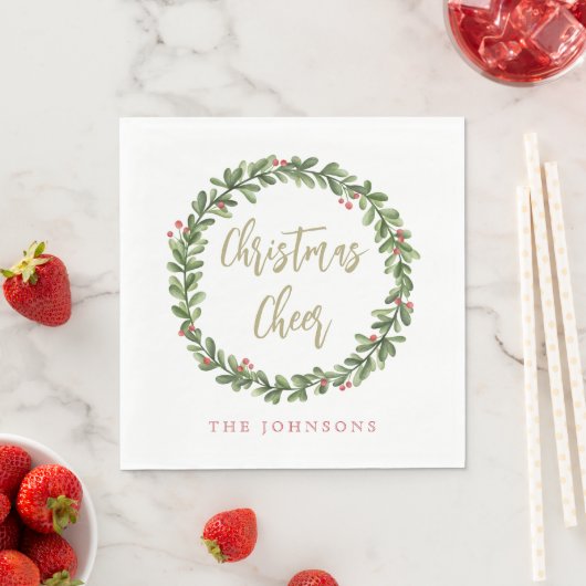 Serviette En Papier Christmas Cheer Wreath Gold Script Personalized (En situation)