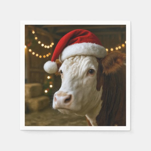 Serviette En Papier Christmas Hereford Cow Wearing a Santa Hat (Devant)