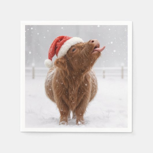 Serviette En Papier Christmas Highland Cow Catching Snowflakes (Devant)