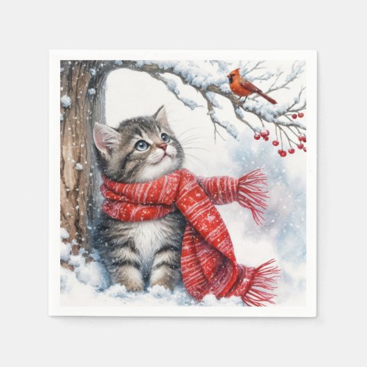 Serviette En Papier Christmas Kitty Regarder un cardinal (Devant)