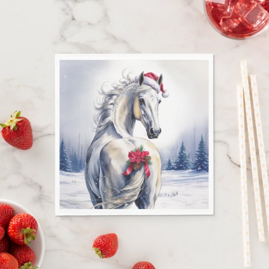 Serviette En Papier Christmas Paper Napkin / Beautiful white horse (En situation)