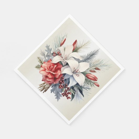 Serviette En Papier Christmas Party White Red Flowers Holidays Elegant (Coin)