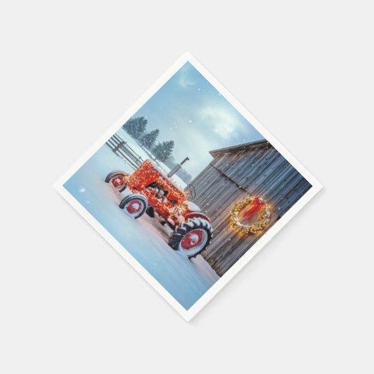 Serviette En Papier Christmas Red Farm Tractor In Snow (Coin)