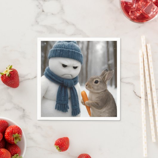 Serviette En Papier Christmas Scowling Snowman With a Bunny (En situation)