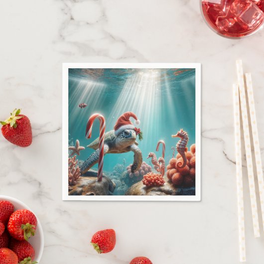 Serviette En Papier Christmas Sea Turtle With Candy Canes (En situation)