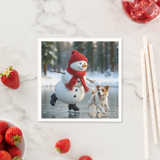 Serviette En Papier Christmas Snowman Ice Skating With Dog (En situation)