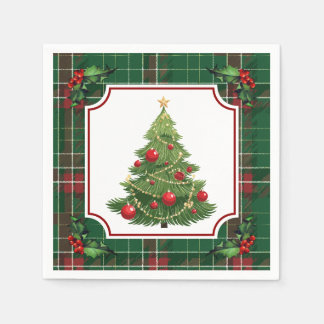 Serviette En Papier Christmas Tree Green Plaid with Holly