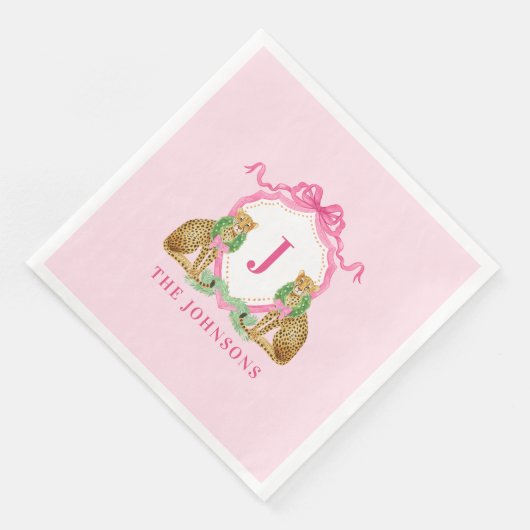 Serviette En Papier Christmas Wreath Leopard Crest Monogram  (Coin)