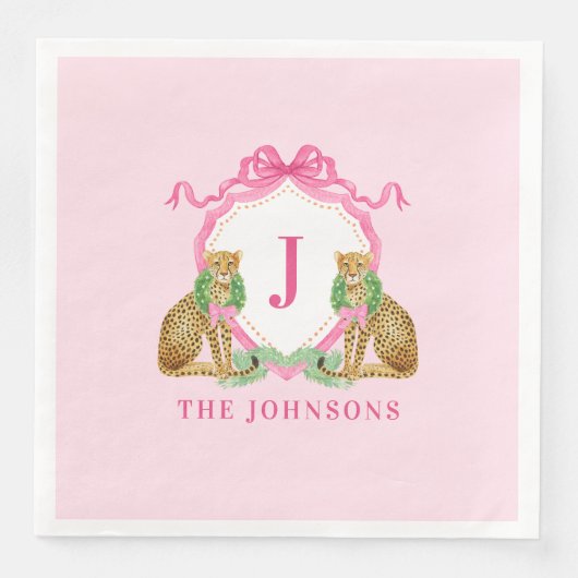 Serviette En Papier Christmas Wreath Leopard Crest Monogram  (Devant)