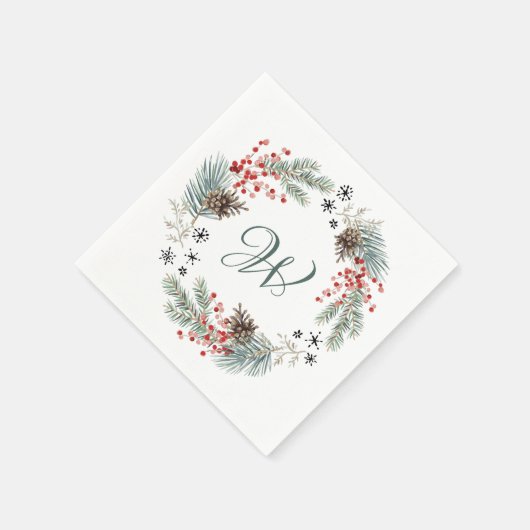 Serviette En Papier Christmas Wreath Pine Berry Snowflakes Monogram (Coin)