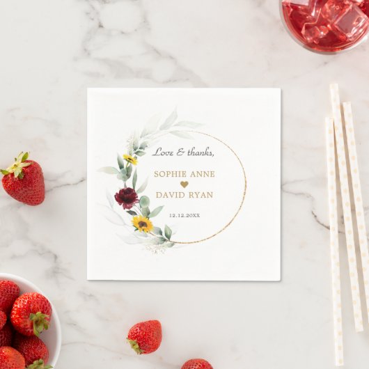 Serviette En Papier Chute Sunflowers Bourgogne Rose Mariage or (En situation)