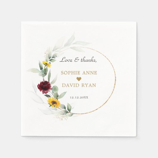 Serviette En Papier Chute Sunflowers Bourgogne Rose Mariage or (Devant)