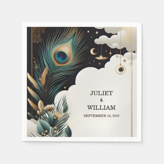 Serviette En Papier Ciel Asiatique Rustique Plume Paon Nuage Mariage (Devant)