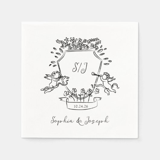 Serviette En Papier Cimier à main avec Cherubs et Mariage Monogramme (Devant)