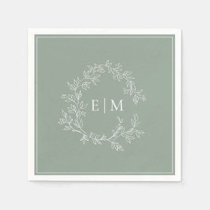 Serviette En Papier Cimier feuillu vert Sage moderne Monogramme Mariag