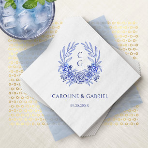 Serviette En Papier Cimier Floral Bleu Français Mariage Monogramme