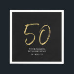 Serviette En Papier Cinquante | Gold & Black Lettering 50th Birthday P<br><div class="desc">Cette simple serviette personnalisée ajoutera des détails élégants à votre fête du 50e anniversaire. Ce design présente des lettres "50" en or chic avec du texte personnalisé sur un arrière - plan noir. Des invitations et des fournitures de fête correspondants sont disponibles dans ma boutique BaraBomDesign.</div>