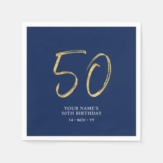 Serviette En Papier Cinquante | Gold & Navy Blue Lettering 50th Birthd (Devant)