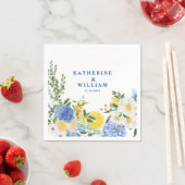 Serviette En Papier Citron méditerranéen mariage bleu et jaune fleuri (En situation)