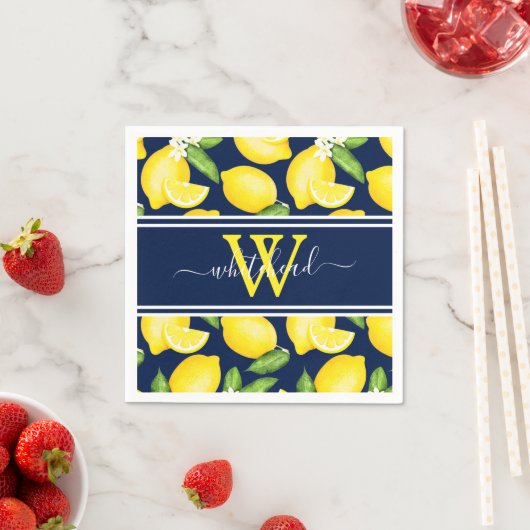 Serviette En Papier Citron Monogramme Citrus Motif Marine Bleu (En situation)